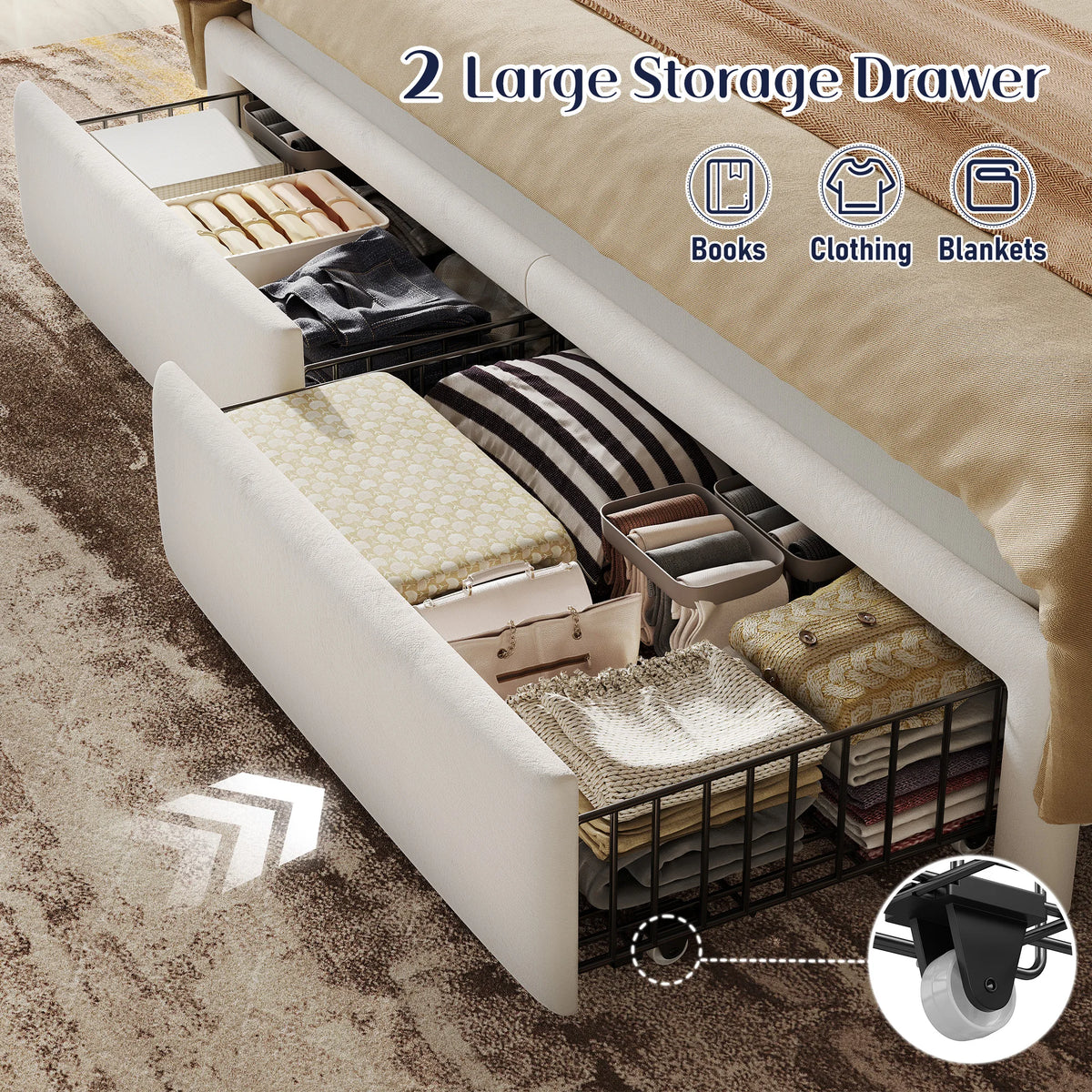 EnHomee Bed Frame with Oversized Headboard & LED Light & Charging Station, Velvet Platform Bed Frame with 2 Storage Drawers, No Box Spring Needed,Noise-Free