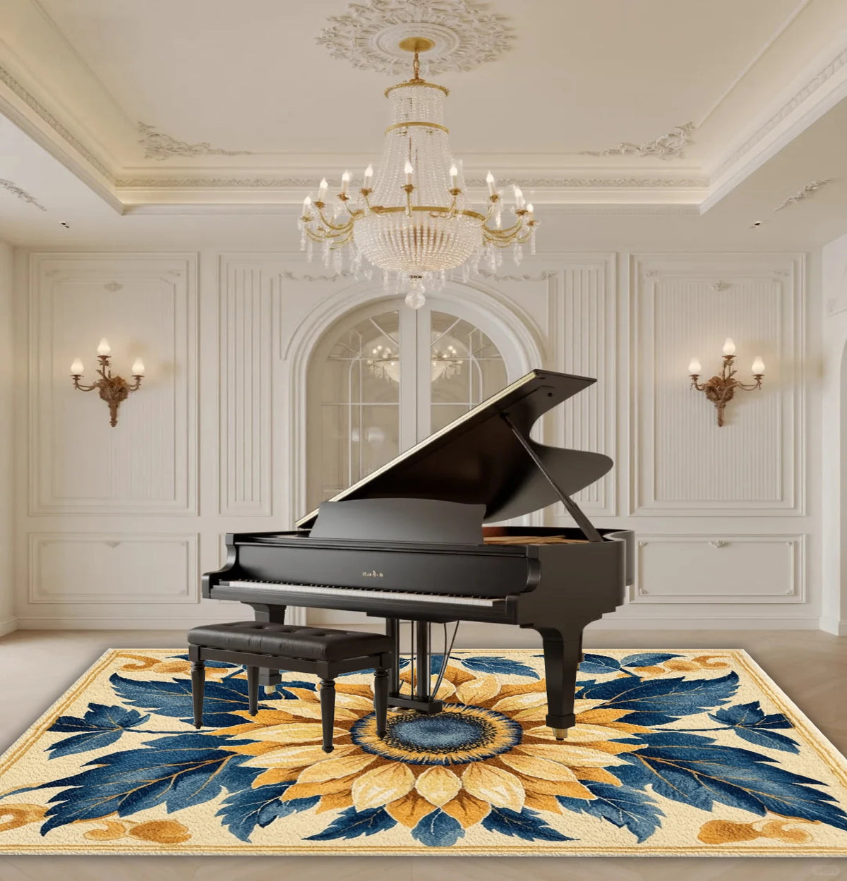 Sunflower Floral Area Rug Yellow Blue Botanical Non‑Slip Carpet Floor Mat for Living Room Bedroom Home Decor