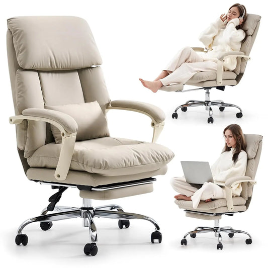 Office Chair with Foot Rest Executive Office Chair, PU Leather, Beige | Ergonomic Reclining Office Chair High Back, Customized