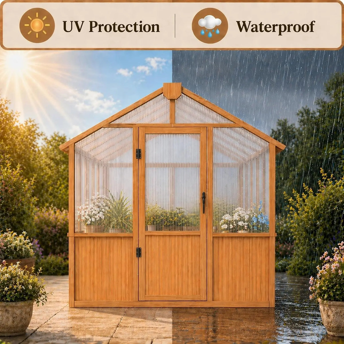 6x12 FT Wooden Greenhouse Outdoor, Heavy Duty Green House with Polycarbonate Panels, Adjustable Roof Vent, Walk-in,Custom