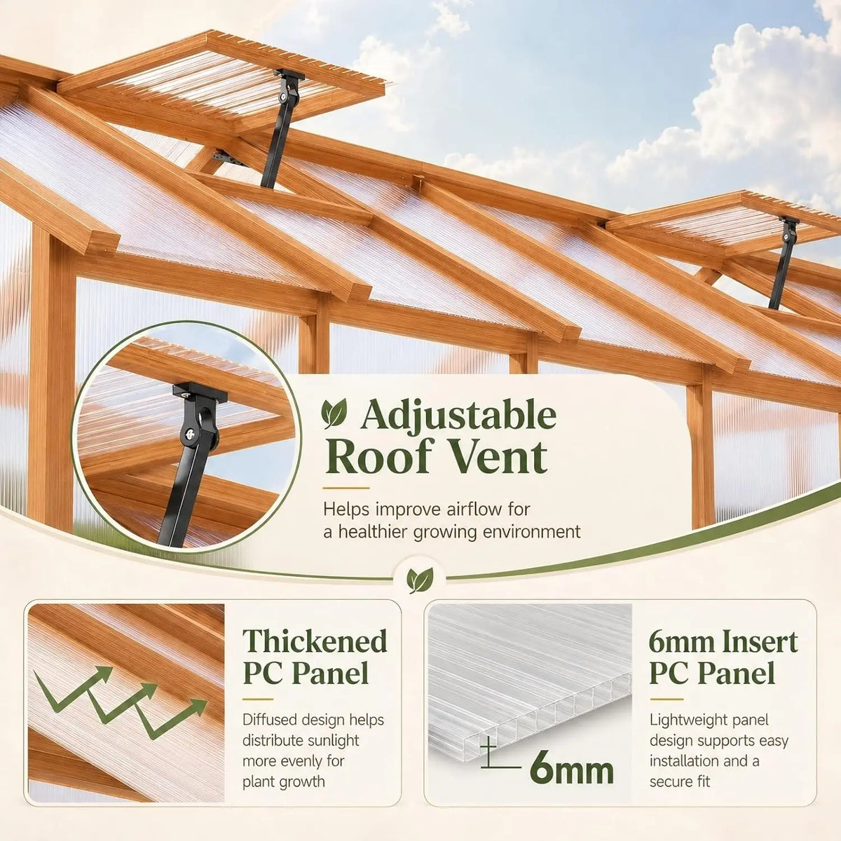 6x12 FT Wooden Greenhouse Outdoor, Heavy Duty Green House with Polycarbonate Panels, Adjustable Roof Vent, Walk-in,Custom