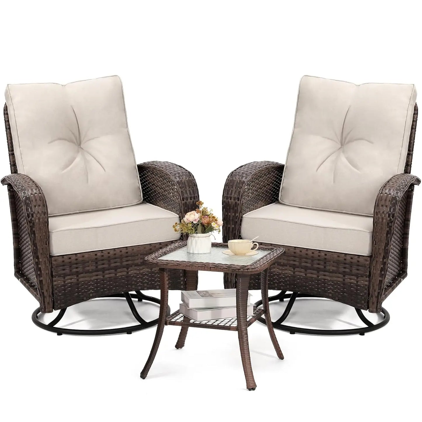 Luxury Outdoor Swivel Wicker Glider Patio Chairs with Table Set, Overstuffed Washable Cushions, Ideal for Porch,, Customized