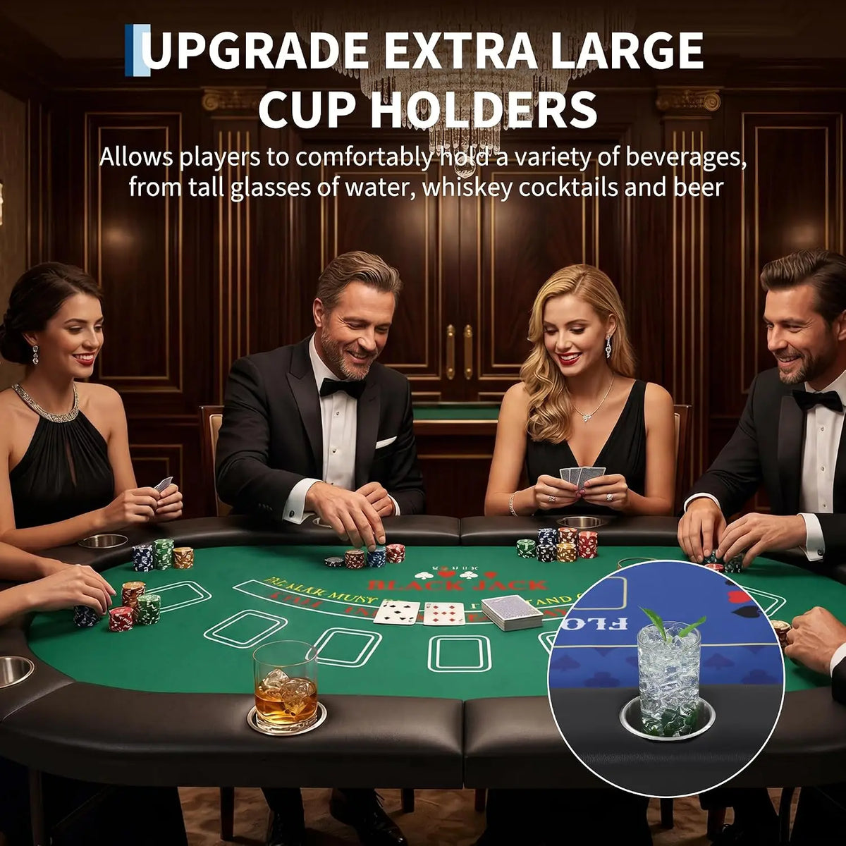Portable 8 Player Foldable Poker Table With Padded Rail Deepened Cup Holders And 2 Interchangeable Play Mats Plus Fold Lock Latch For Texas HoldEm Blackjack