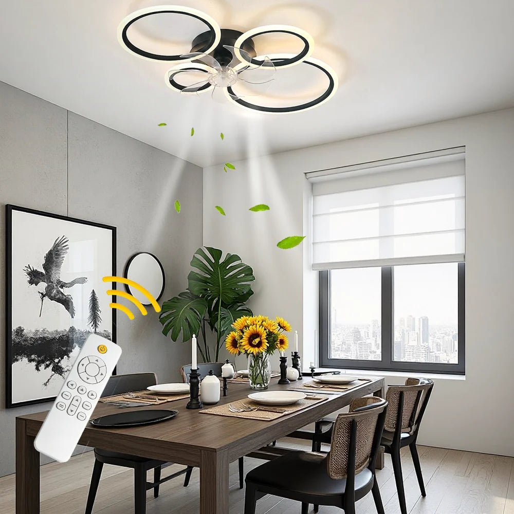 Four-ring ceiling fan light with three light colors, stepless dimming, 6 adjustable fan speed settings, and a timer function. The reversible motor makes it suitable for both summer and winter use. Ideal for bedrooms, above di