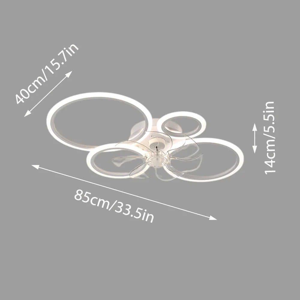Four-ring ceiling fan light with three light colors, stepless dimming, 6 adjustable fan speed settings, and a timer function. The reversible motor makes it suitable for both summer and winter use. Ideal for bedrooms, above di