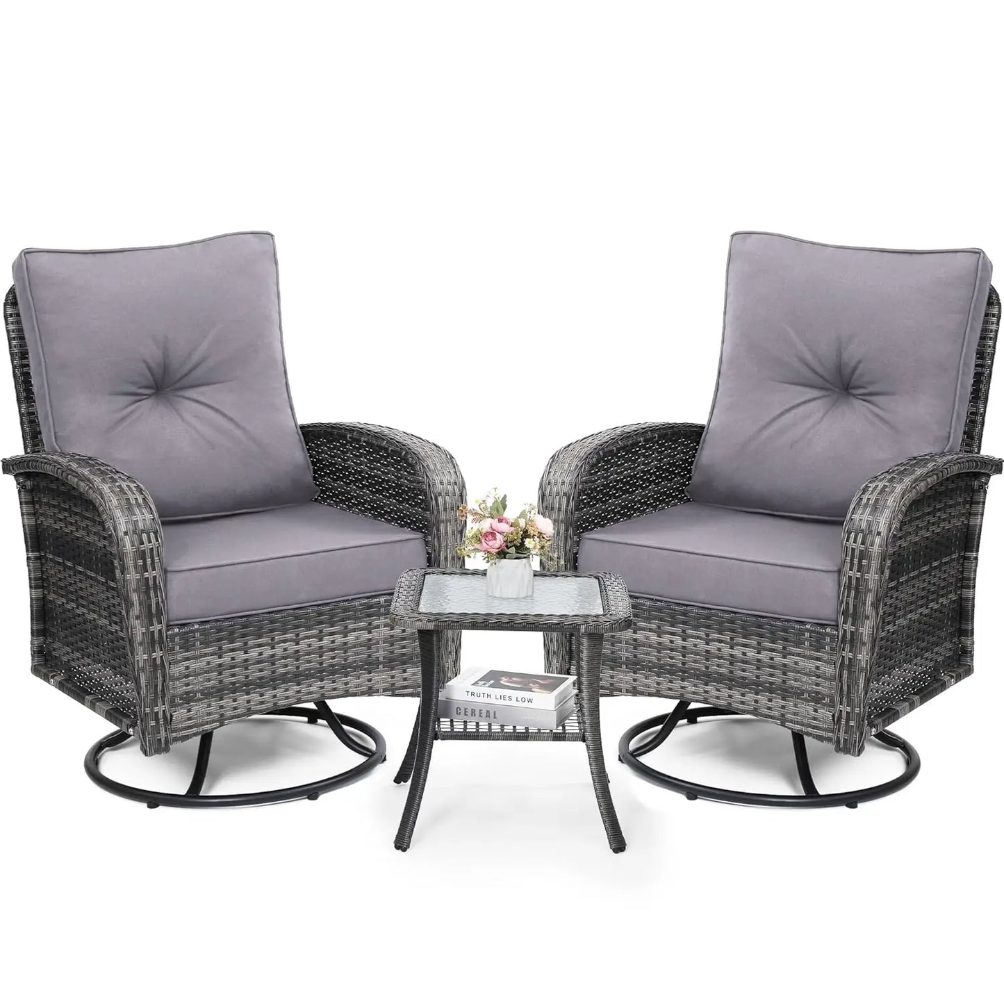 Luxury Outdoor Swivel Wicker Glider Patio Chairs with Table Set, Overstuffed Washable Cushions, Ideal for Porch,, Customized