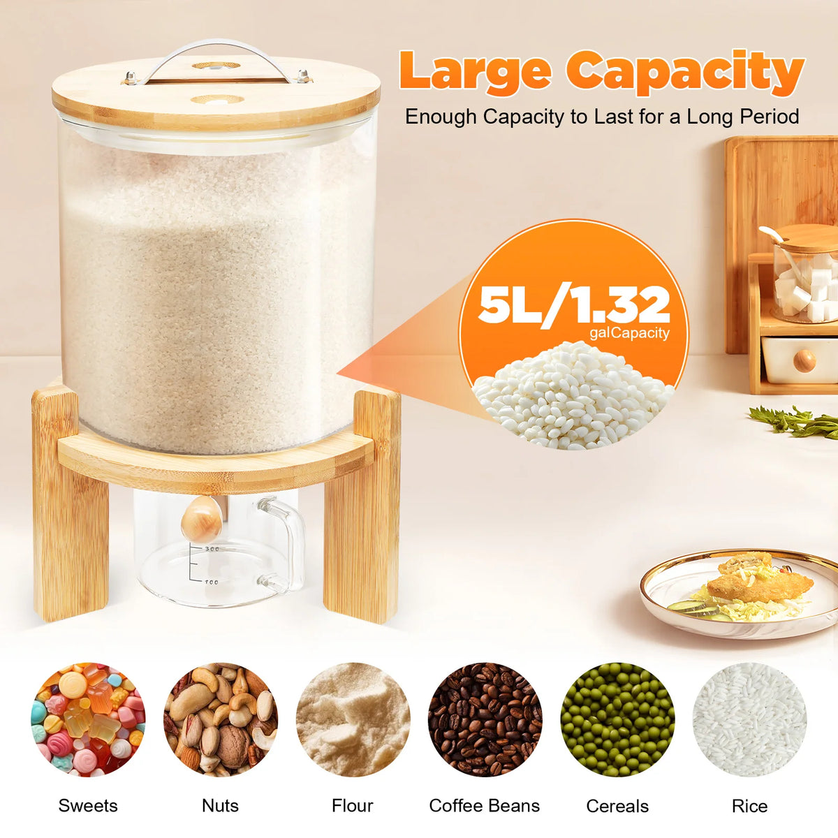 5L Clear Cereal Dispenser with Measuring Cup Glass Food Storage Container for Rice, Flour, Pet Food, Kitchen Organization