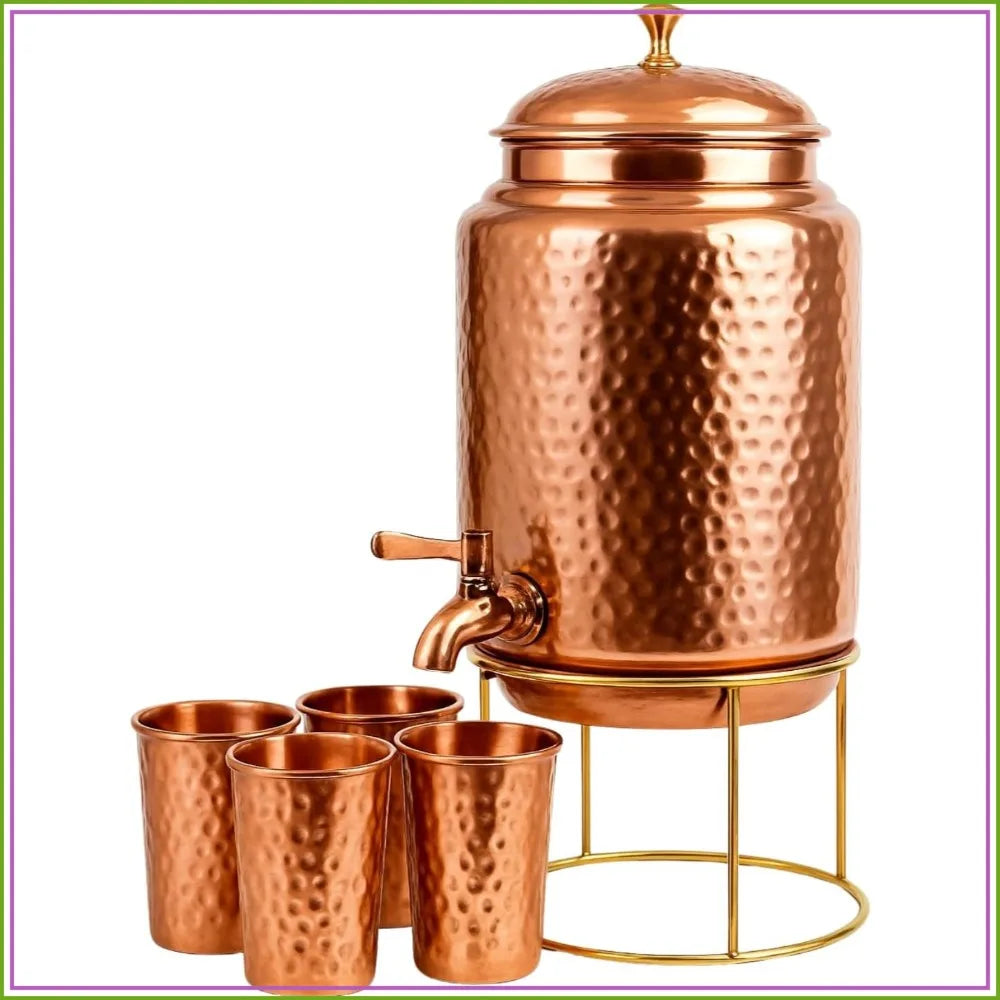 Pure Copper Water Dispenser with Tap & 4 Copper Glasses, 5L/218oz