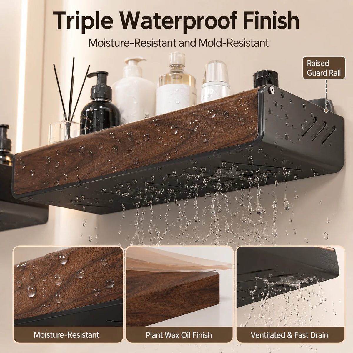 Solid Walnut Wood Wall Mounted Bathroom Shelf No Drill Floating Storage Organizer for Sink Countertop Toiletries And Home Essent