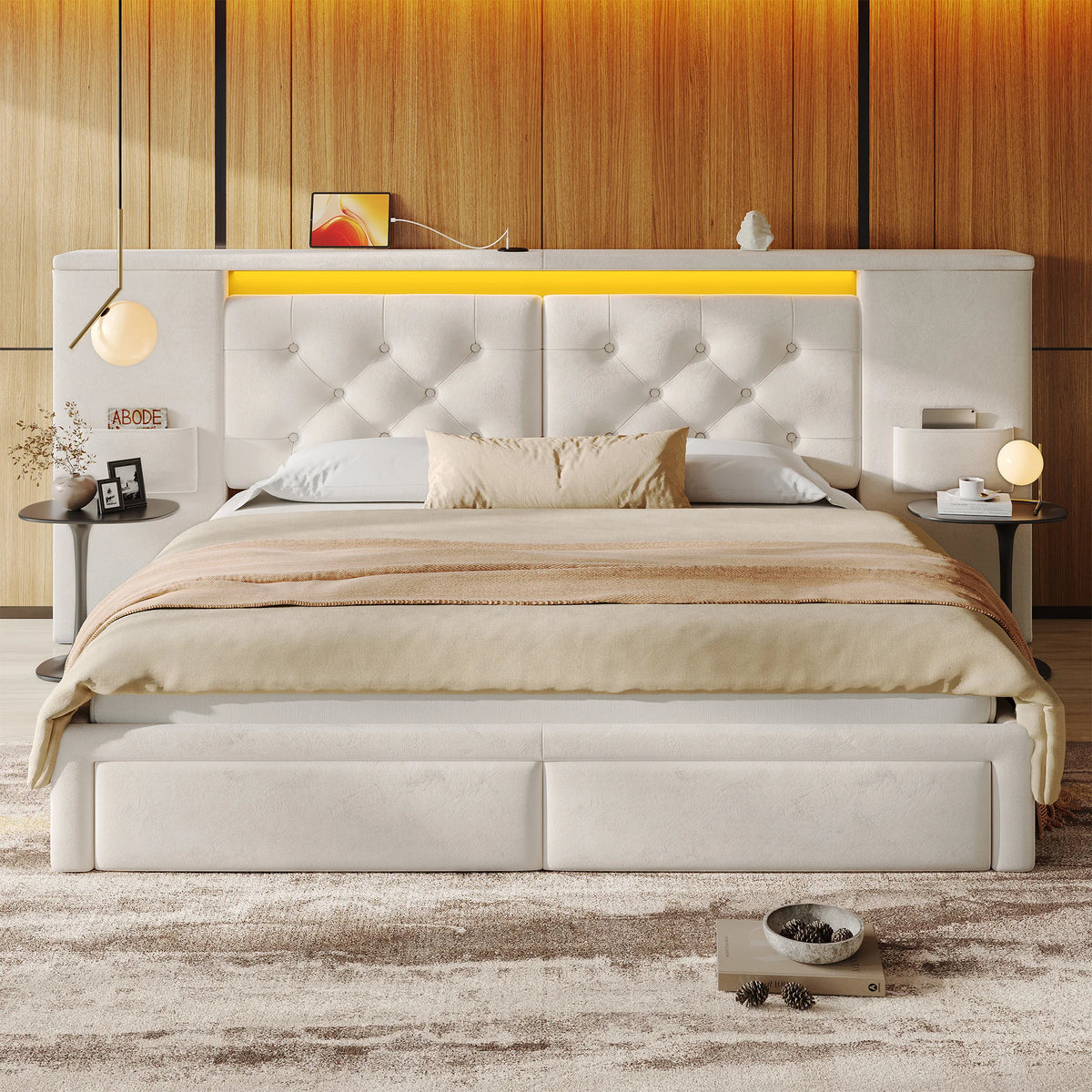 EnHomee Bed Frame with Oversized Headboard & LED Light & Charging Station, Velvet Platform Bed Frame with 2 Storage Drawers, No Box Spring Needed,Noise-Free
