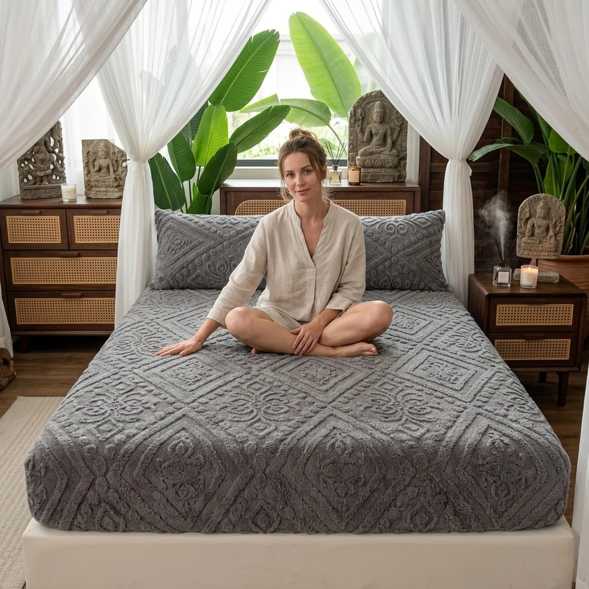 King Size Solid Embossed Bed Cover   Ultra Soft Milk Velvet Fitted Sheet  Durable Textured Standard Size