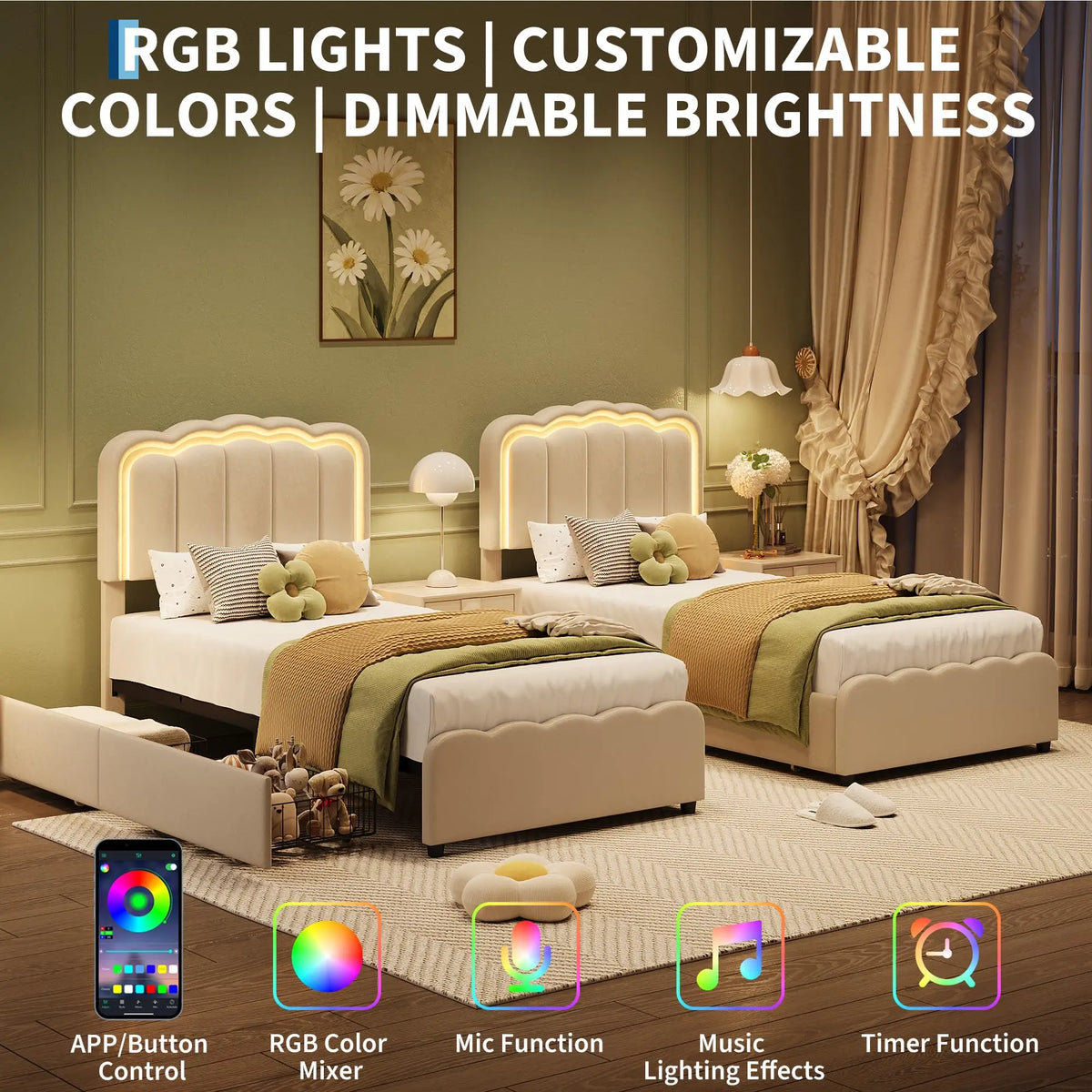 Twin Bed Frame With 2 Storage Drawers LED Lights Upholstered Platform Bed Adjustable Headboard No Box Spring Wood Slats