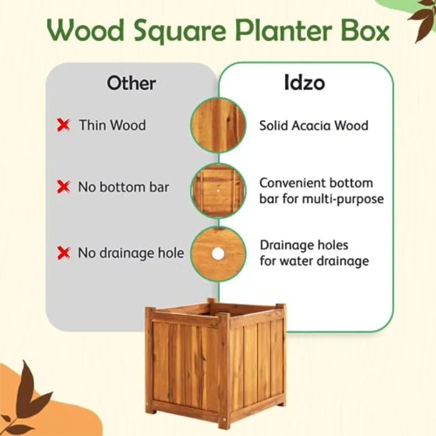 Outdoor flower box for home decor, acacia wood, natural brown, durable hardwood with ergonomic handles and drainage holes