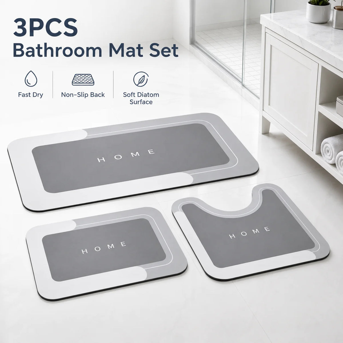 Bathroom Rugs Set 3 Piece, Super Absorbent Quick-Dry Bath Mat with Non-Slip Backing, Bathroom Floor Mats, Soft Diatomaceous Earth Bath Rug Set for Shower, Tub & Toilet