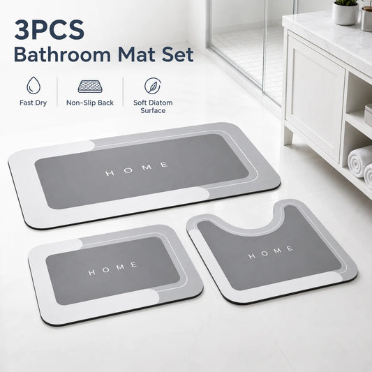 Bathroom Rugs Set 3 Piece, Super Absorbent Quick-Dry Bath Mat with Non-Slip Backing, Bathroom Floor Mats, Soft Diatomaceous Earth Bath Rug Set for Shower, Tub & Toilet