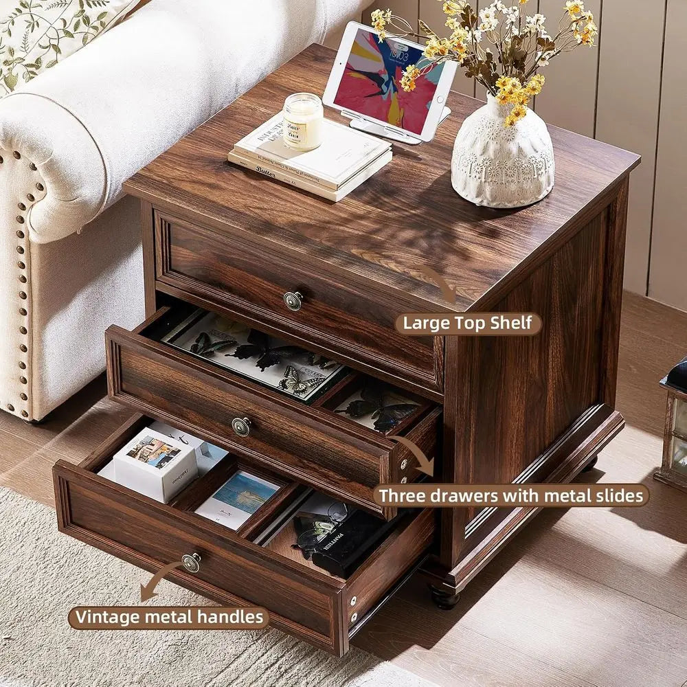 24" Wide armhouse Night Stand Set o 2,Large End Table with 3 Ders & Metal Handle,Brown Wood Drer or Bedroom Cabinet, Bed Side Ta