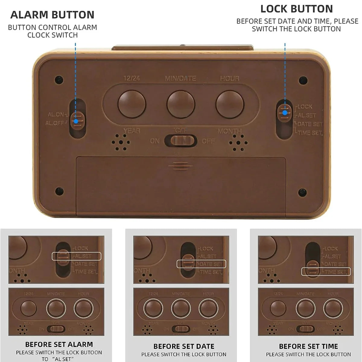 A Wooden Alarm Clock with Calendar and Temperature Display. A Solid Wood Digital Clock, Perfect for Table Decoration