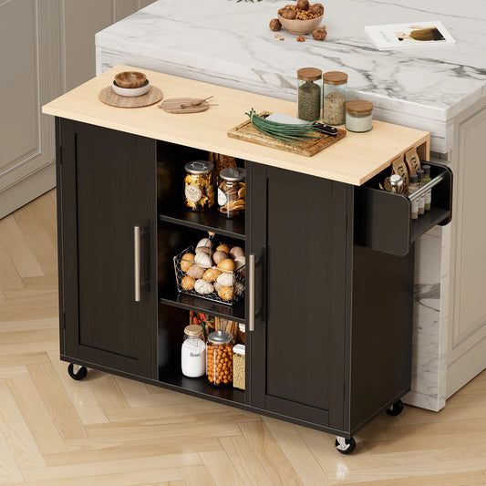 JHK 42 Inch Wood Rolling Kitchen Cart with Adjustable Shelves Mobile Storage Shelving Unit Utility Rolling Organizer For Home  Living Room