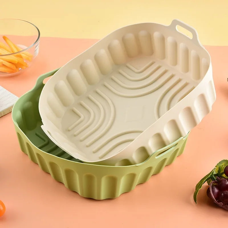 Square Air Fryer Silicone Tray Food-Grade BPA-Free Silicone Raised Ribbed Drain Base Dual Carry Handles for Oven Microwave Baking Home Cooking Lovers Beginners