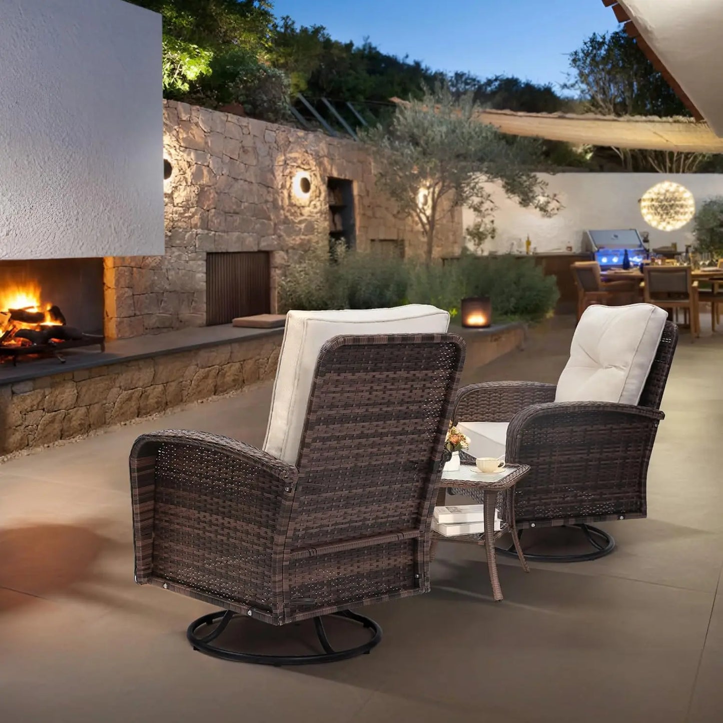 Luxury Outdoor Swivel Wicker Glider Patio Chairs with Table Set, Overstuffed Washable Cushions, Ideal for Porch,, Customized