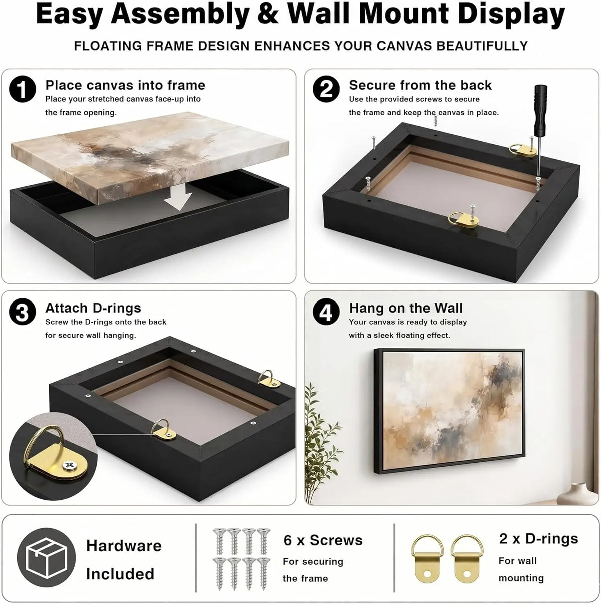 Canvas Floater Frame for 1.25" Deep Stretched Canvas, Floating Shadow Gap Design, Modern Gallery Wall Decor, Hardware Included
