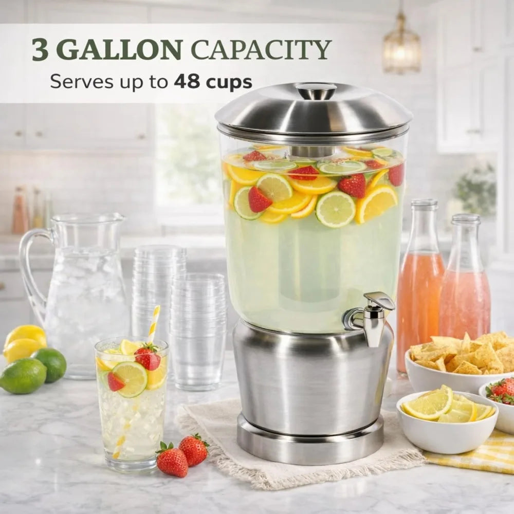 Stainless Steel Drink Dispenser with Ice Chambers, 3 Gallon Beverage Jar with Spigot for Party, Wedding, Event, Silver