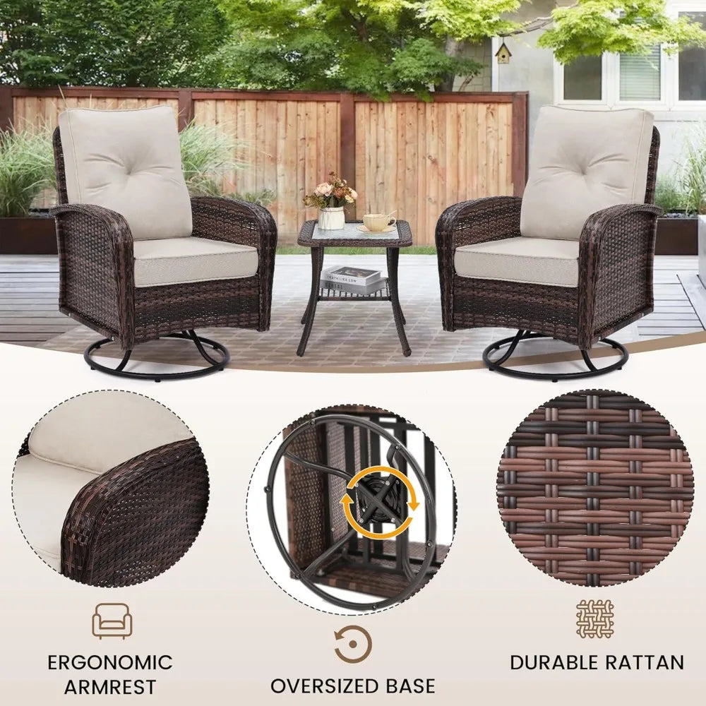 Luxury Outdoor Swivel Wicker Glider Patio Chairs with Table Set, Overstuffed Washable Cushions, Ideal for Porch,, Customized