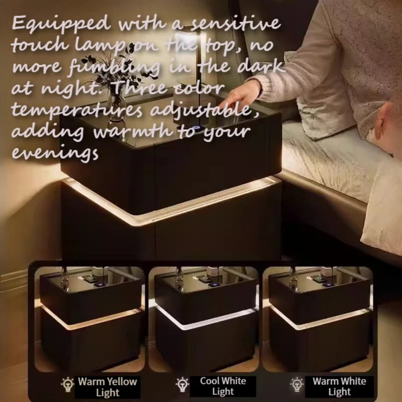 Modern Decor Bedside Table With Charging Station Tricolor Lamp Nightstands Fingerprint Lock Guard Against Theft Room Furniture