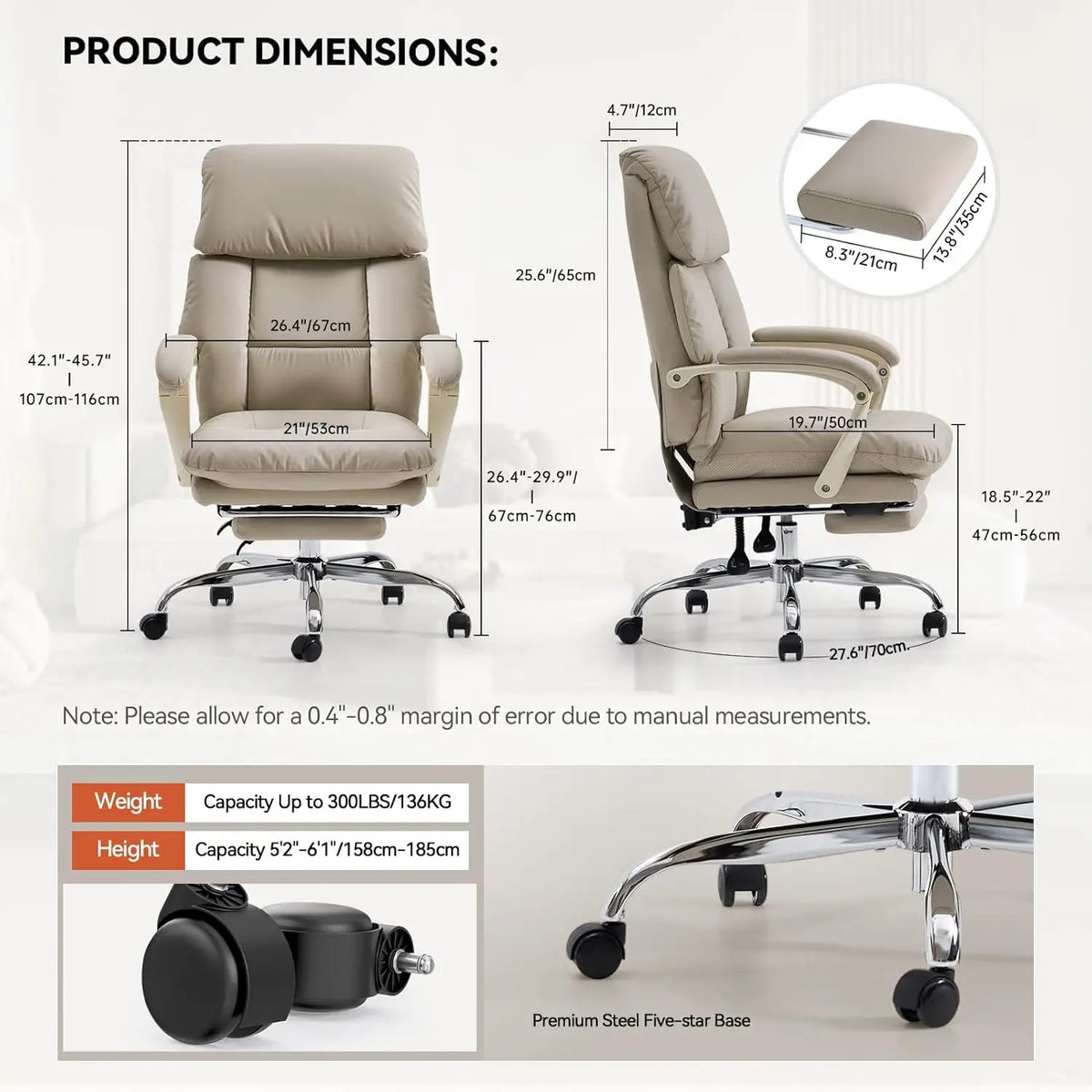 Office Chair with Foot Rest Executive Office Chair, PU Leather, Beige | Ergonomic Reclining Office Chair High Back, Customized