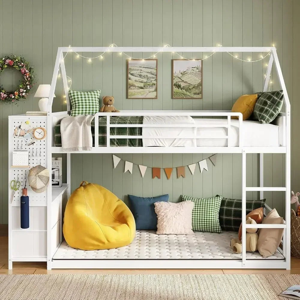 Twin Over Twin Bunk Bed with Storage Drawers, Hall Tree, Metal Slat Support, Space-Saving White Bedroom Furniture