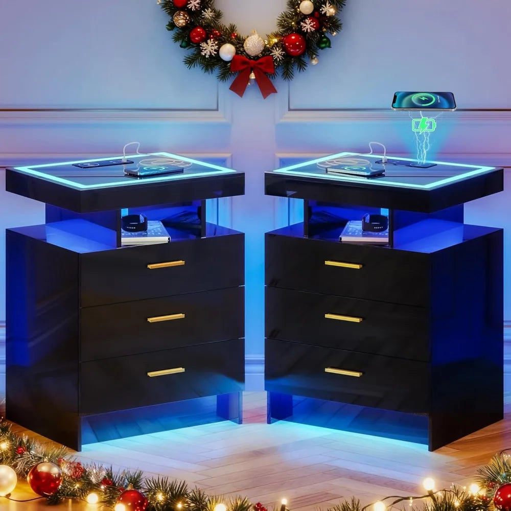 2 Set LED Nightstands with Wireless Charger Station and Auto Sensor, Black