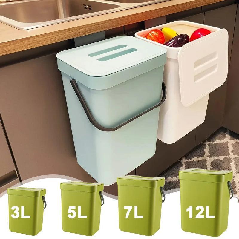 Small Space Saving Trash Can Hanging Mountable Quiet Close Lid Sealed Bin 3L 5L 7L 12L for Kitchen Bathroom Car Living Room