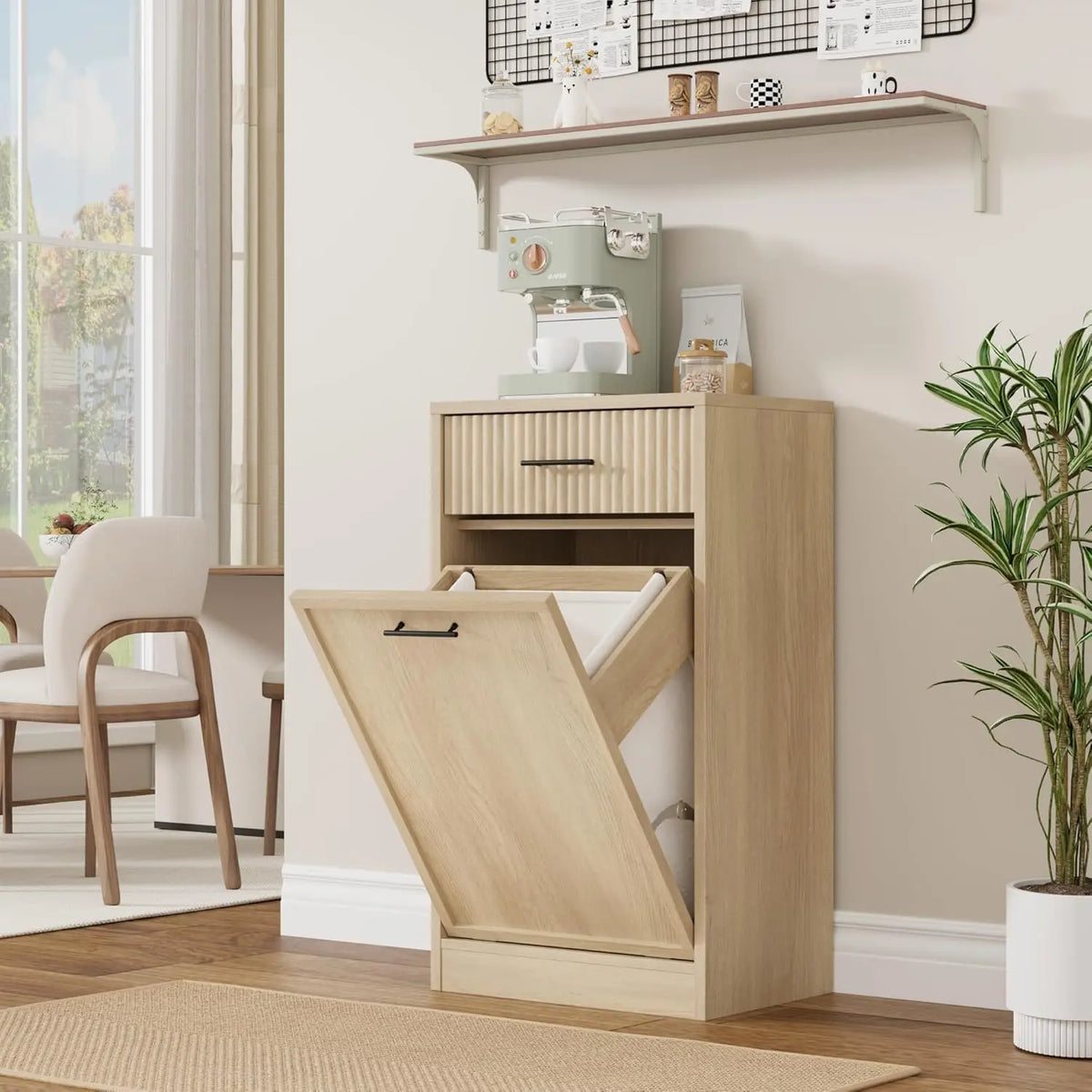 Tilt Out Laundry Hamper Cabinet, Double Farmhouse Laundry Basket with Drawer, Space Saving Hidden Laundry Storage with Removable Baskets