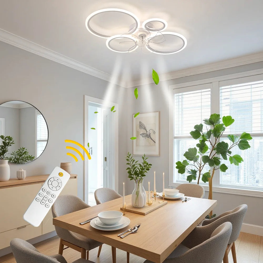 Four-ring ceiling fan light with three light colors, stepless dimming, 6 adjustable fan speed settings, and a timer function. The reversible motor makes it suitable for both summer and winter use. Ideal for bedrooms, above di
