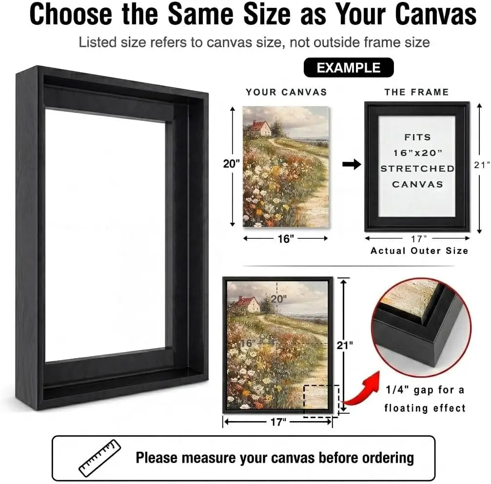 Canvas Floater Frame for 1.25" Deep Stretched Canvas, Floating Shadow Gap Design, Modern Gallery Wall Decor, Hardware Included