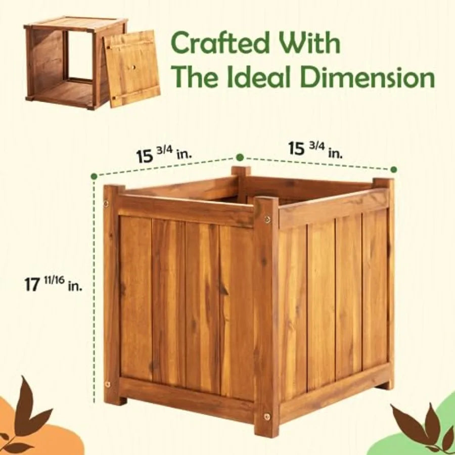 Outdoor flower box for home decor, acacia wood, natural brown, durable hardwood with ergonomic handles and drainage holes