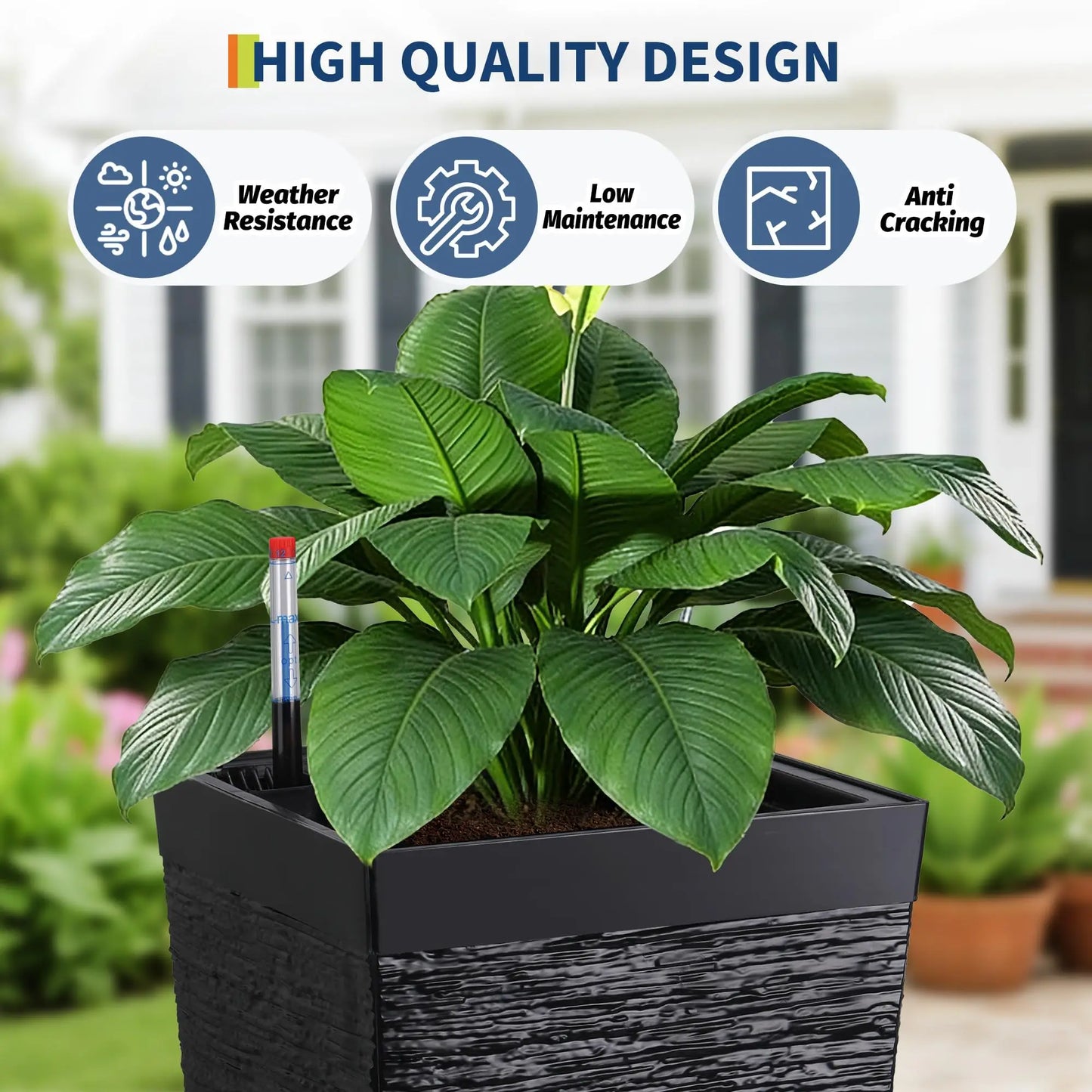 22.5'' Tall Planters Set Of 2, Self Watering Outdoor Indoor Front Porch Planter Pots With Drainage Holes & Water Monitor System