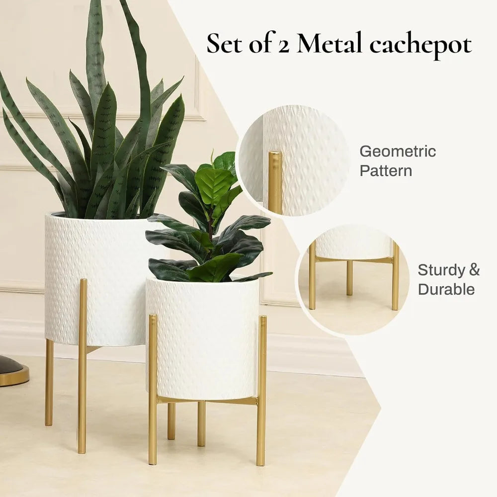 2Pcs White Planter w/ Gold Stand, Indoor Flower Pot, Floor Plant Pot