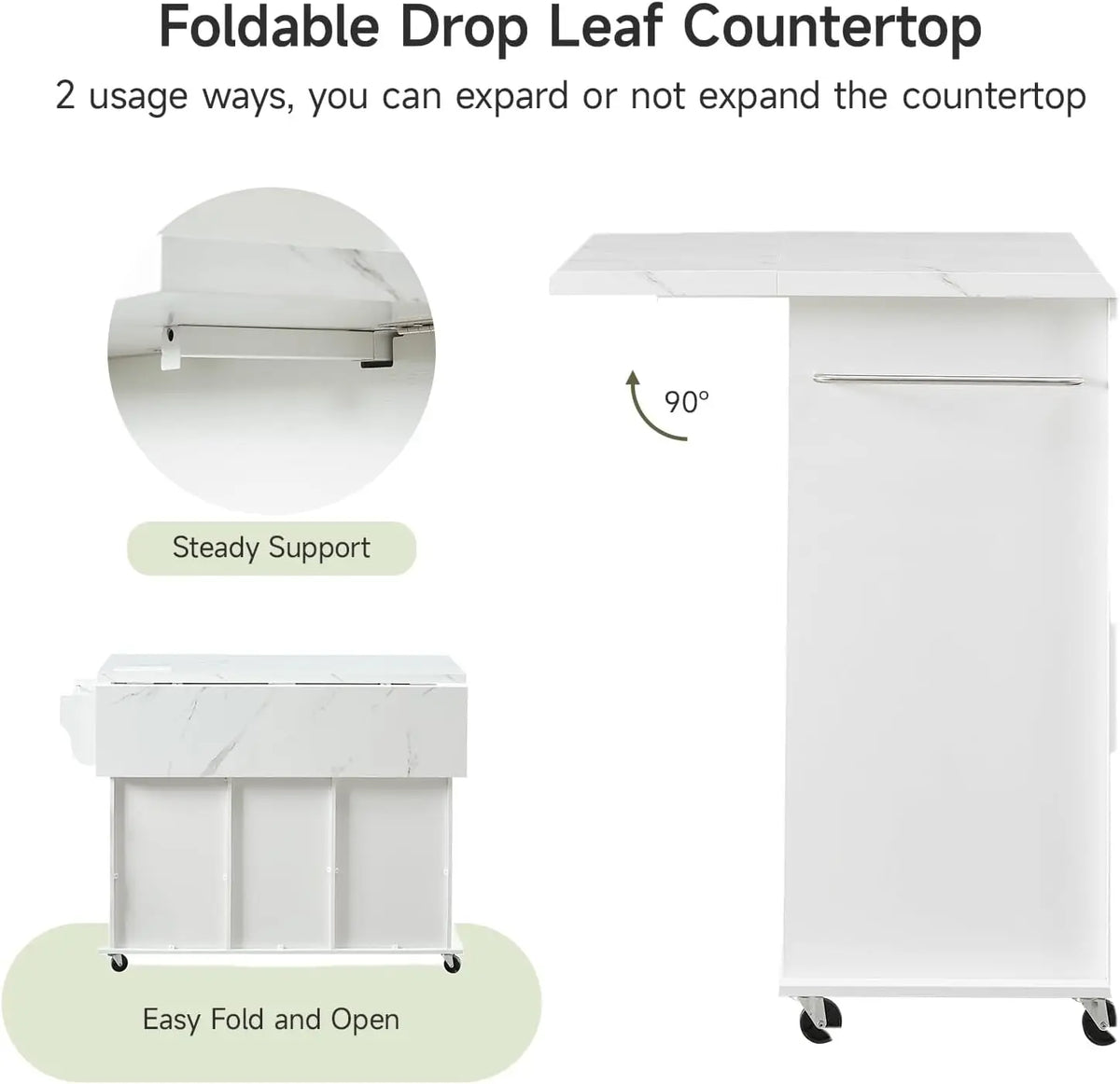 47" Rolling Kitchen Island Cart with Power Outlet | Movable Island Table & Storage Cabinet: White Marble Top, 5 Drawers + 2 Cabinets, Spice Rack, Free Tool Installation for Kitchen Craftsmanship