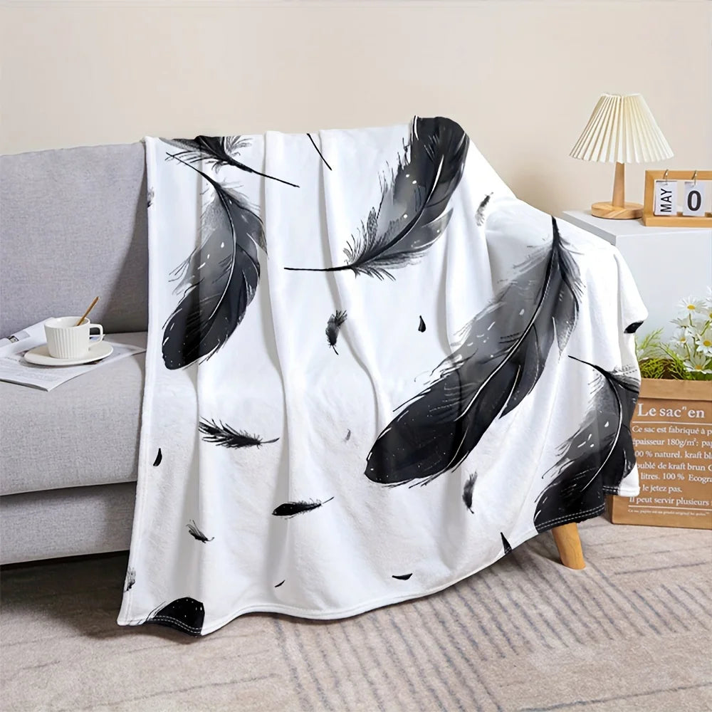 Luxury Soft Throw Blanket Black Feather Print Plush Fleece Lap Blanket Cozy Decorative Home Decor Sofa Gift for Winter Autumn