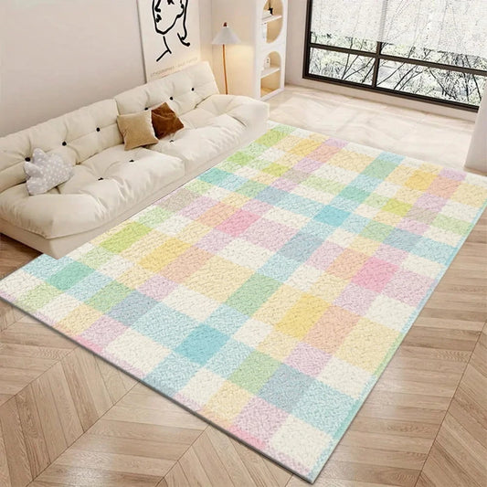 Macaron Color Plaid Checkered Area Rug Soft Non‑Slip Kids Carpet for Bedroom Playroom Home Interior Decor
