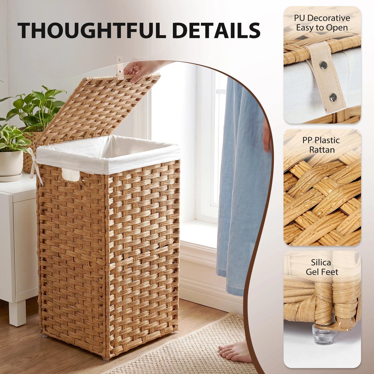 JHK 65L Wicker Laundry Hampers with Lid Woven Clothes Hamper with Side Handles Sturdy Steel Frame Removable Liner Foldable Rattan Laundry Basket For Home