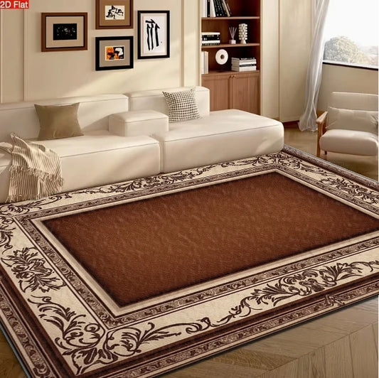 Vintage Ornate Scroll Frame Area Rug Brown Beige Classic Border Non‑Slip Carpet Floor Mat for Living Room Bedroom Home Decor