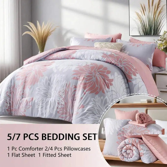 7 Pieces Chic Floral Printed Bed Comforter Sets, Queen King, Soft And Comfortable Summer Bedding Sets, Bed In A Bag, Hotel Bedro