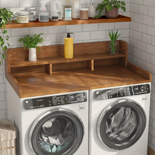 Washer Dryer Countertop Organizer | 54"x27.5" Wood Shelf Topper with Edge Guard | Double Layer Laundry Storage & Organization