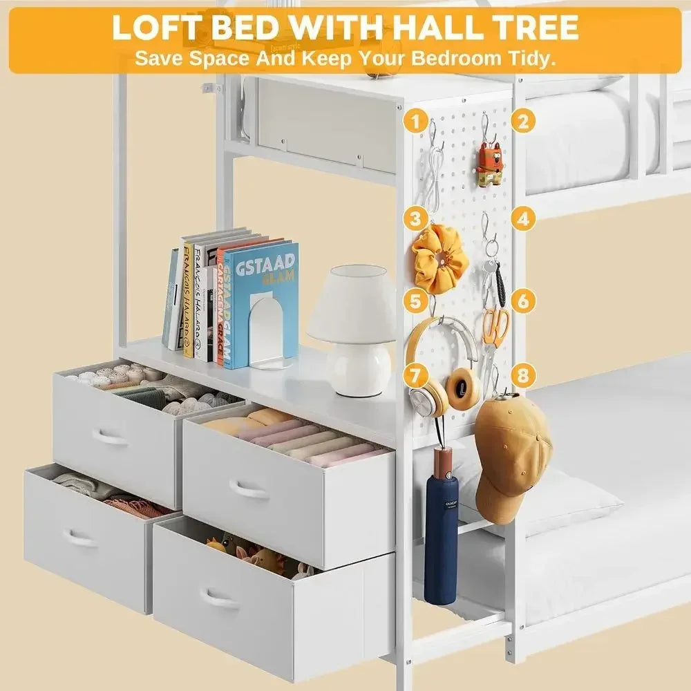 Twin Over Twin Bunk Bed with Storage Drawers, Hall Tree, Metal Slat Support, Space-Saving White Bedroom Furniture