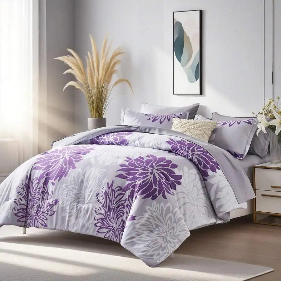 7 Pieces Chic Floral Printed Bed Comforter Sets, Queen King, Soft And Comfortable Summer Bedding Sets, Bed In A Bag, Hotel Bedro