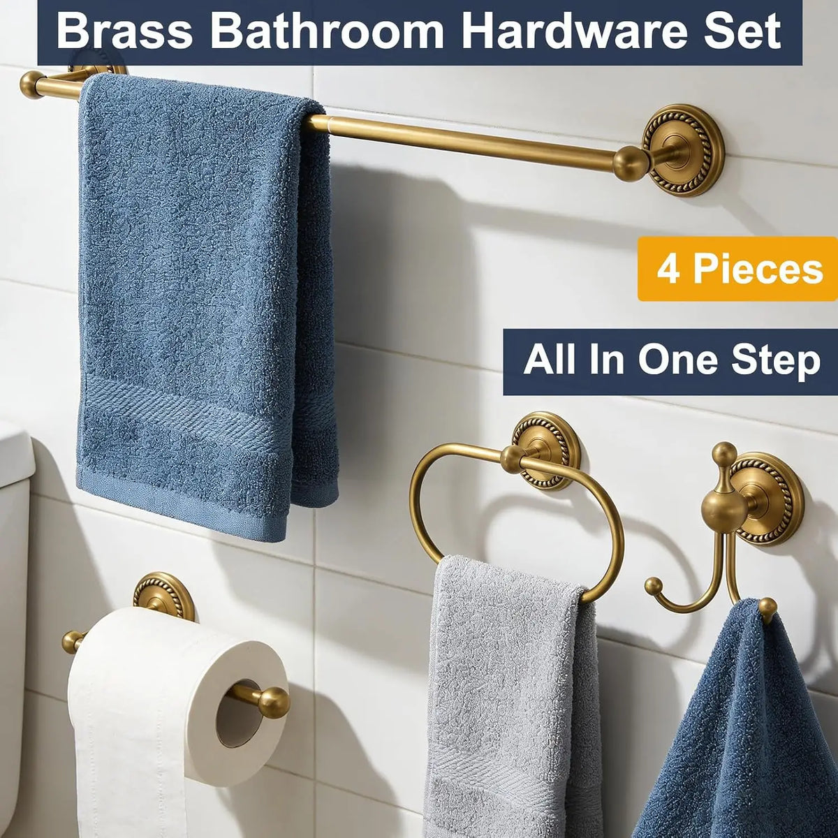 Antique Brass 4-Piece Bathroom Hardware Set Adjustable Towel Bar 13-24"