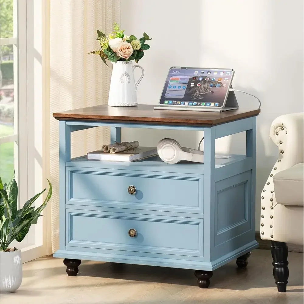 2-Piece Nightstand Set with Charging Station, 24 Wide End Table, Drawers, Suitable for Bedroom or Living Room, Light Blue Accent