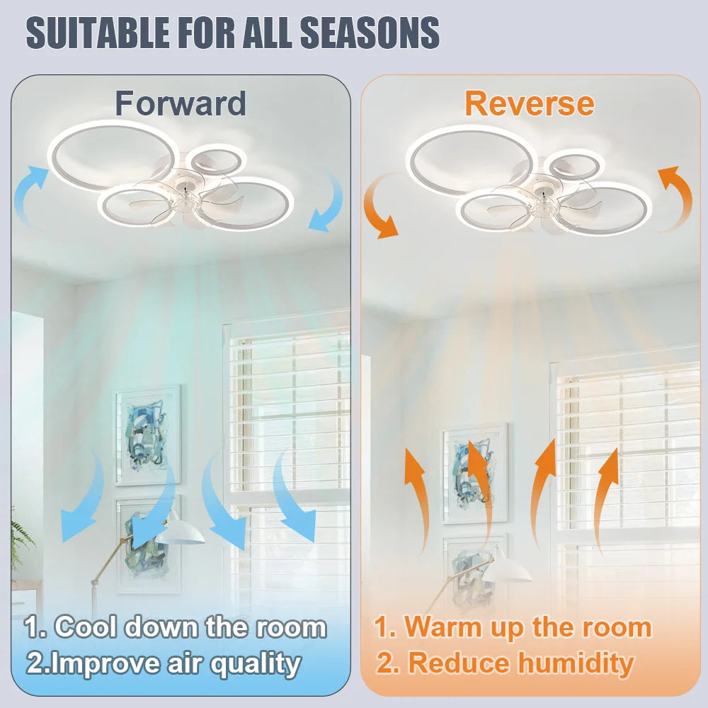 Four-ring ceiling fan light with three light colors, stepless dimming, 6 adjustable fan speed settings, and a timer function. The reversible motor makes it suitable for both summer and winter use. Ideal for bedrooms, above di